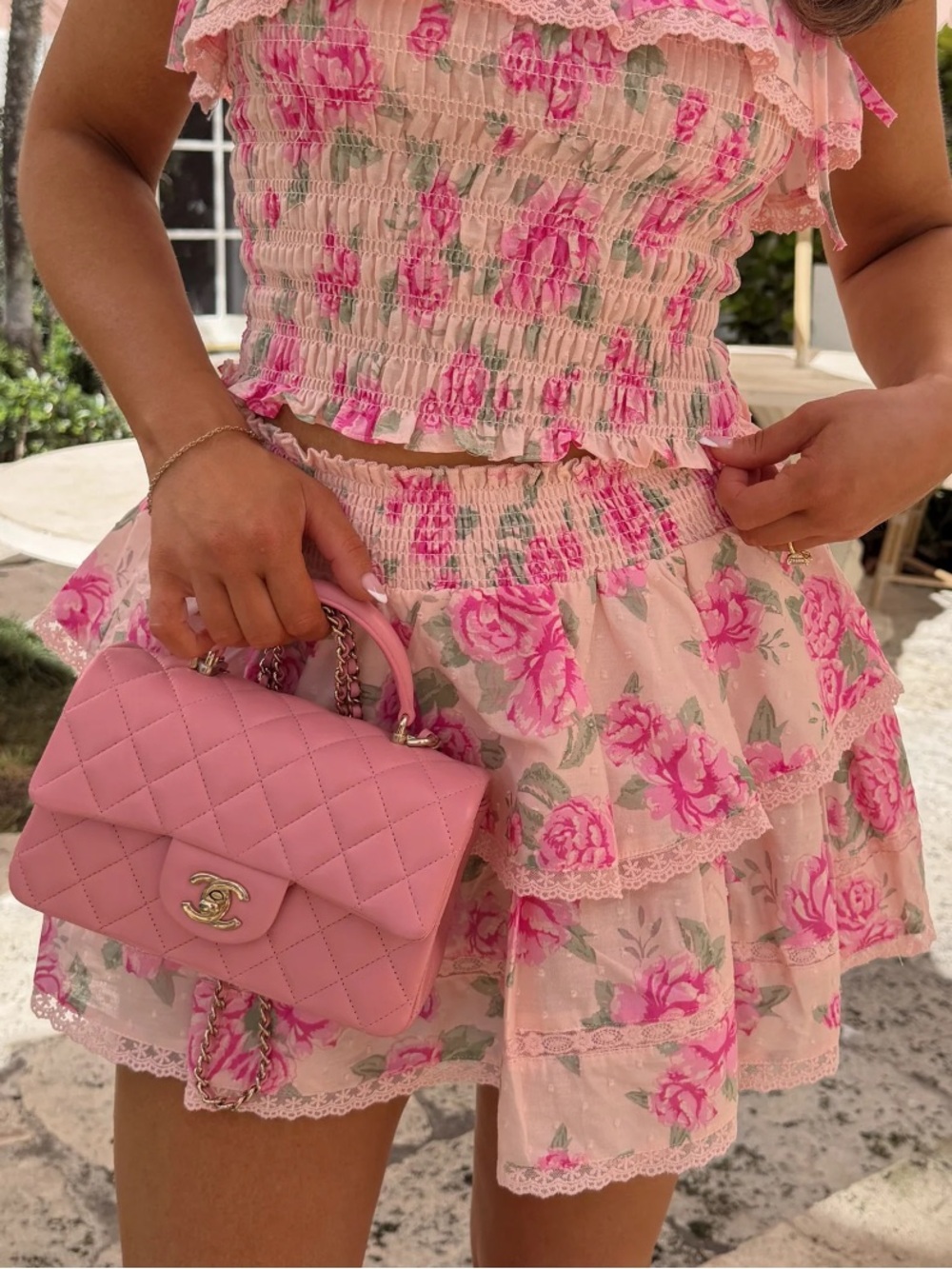 NWOT Olivaceous Pink Floral Smocked-Waist Tiered Skirt with Lace Details